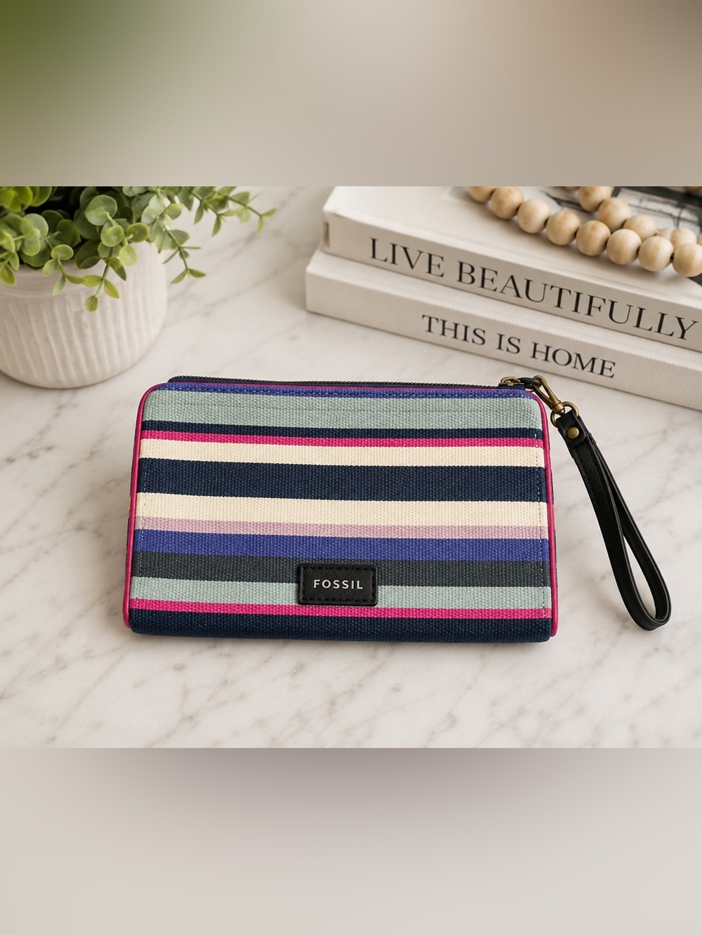 Fossil Key-Per Multicolor Striped Zip Around Wristlet Wallet NWOT